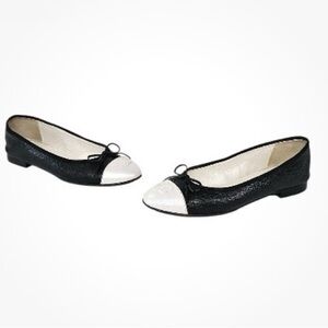 CHANEL Black and White Cap Flats with Bow 37.5